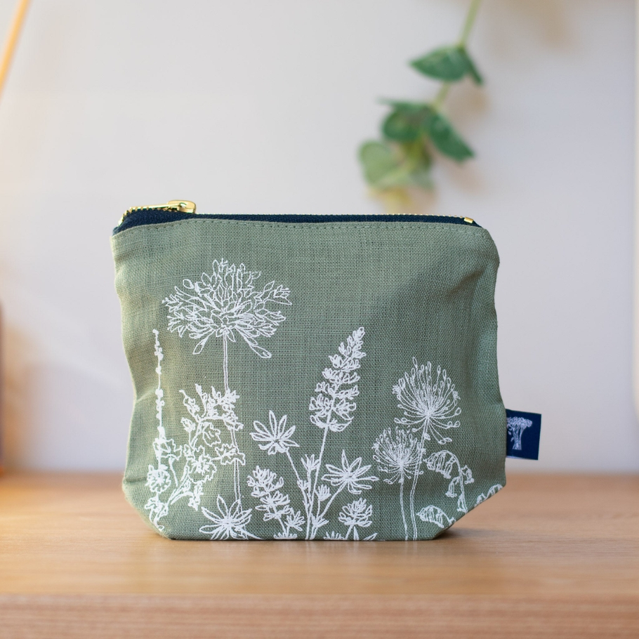 Linen Makeup Bag, Waterproof Lined, Floral Cosmetic Bag